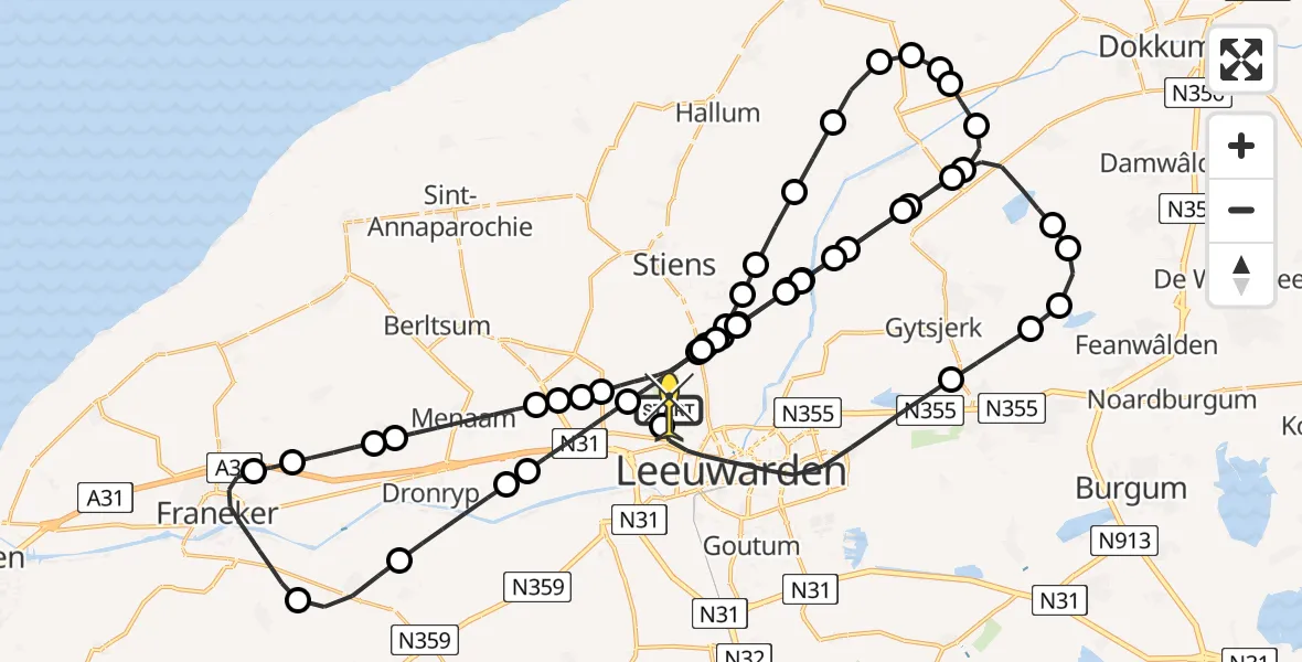 Routekaart van de vlucht: Ambulanceheli naar Vliegbasis Leeuwarden, Keegsdijkje