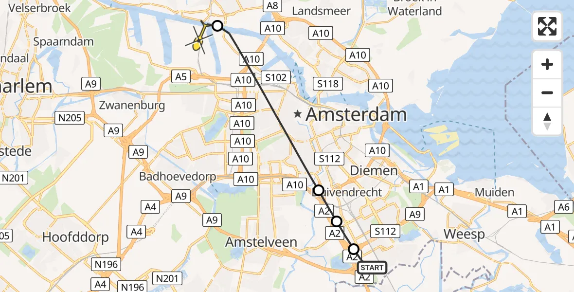Routekaart van de vlucht: Lifeliner 1 naar Amsterdam Heliport, Capriweg