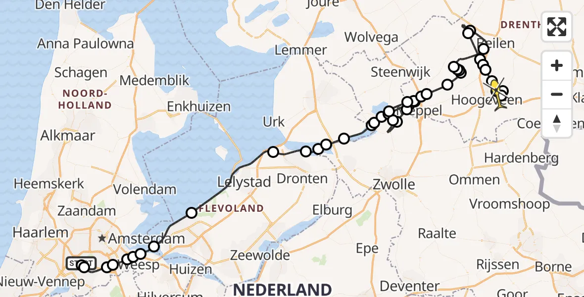 Routekaart van de vlucht: Politieheli naar Vliegveld Hoogeveen, Plesmanstraat