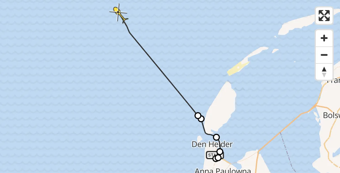 Routekaart van de vlucht: Kustwachthelikopter naar Middenvliet