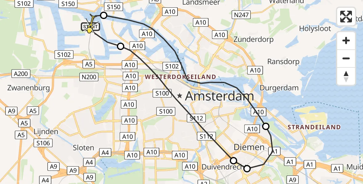 Routekaart van de vlucht: Lifeliner 1 naar Amsterdam Heliport, Capriweg