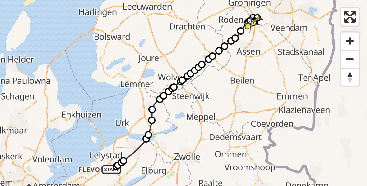 Routekaart van de vlucht: Traumahelikopter naar Groningen Airport Eelde, Burgemeester J.G. Legroweg