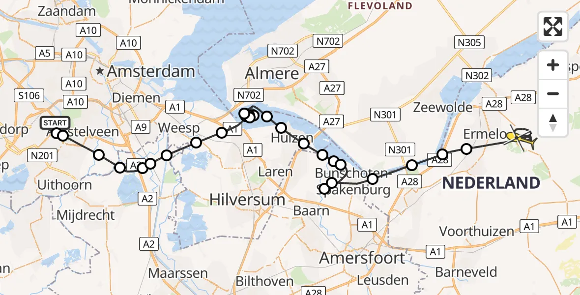 Routekaart van de vlucht: Politiehelikopter naar Ermelo, Ullerberg