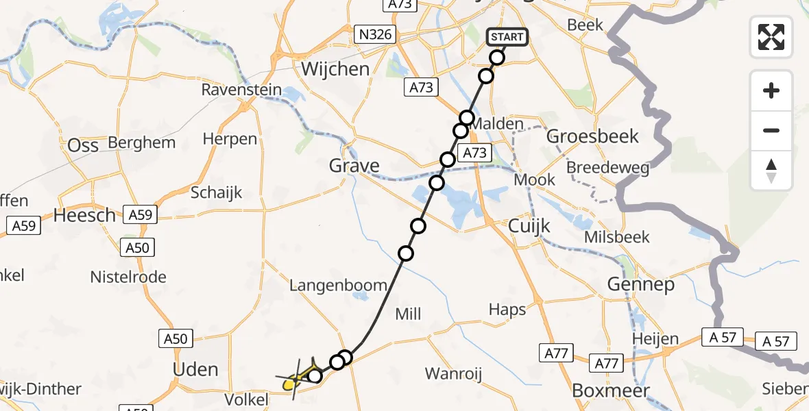 Routekaart van de vlucht: Lifeliner 3 naar Vliegbasis Volkel, Zeelandsedijk