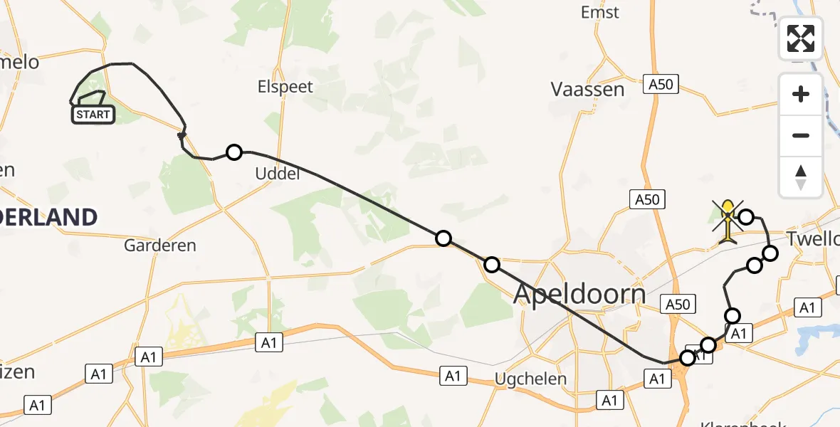 Routekaart van de vlucht: Politieheli naar Vliegveld Teuge, de Zanden
