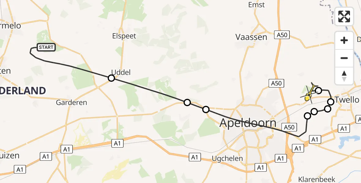 Routekaart van de vlucht: Politiehelikopter naar Vliegveld Teuge, de Zanden