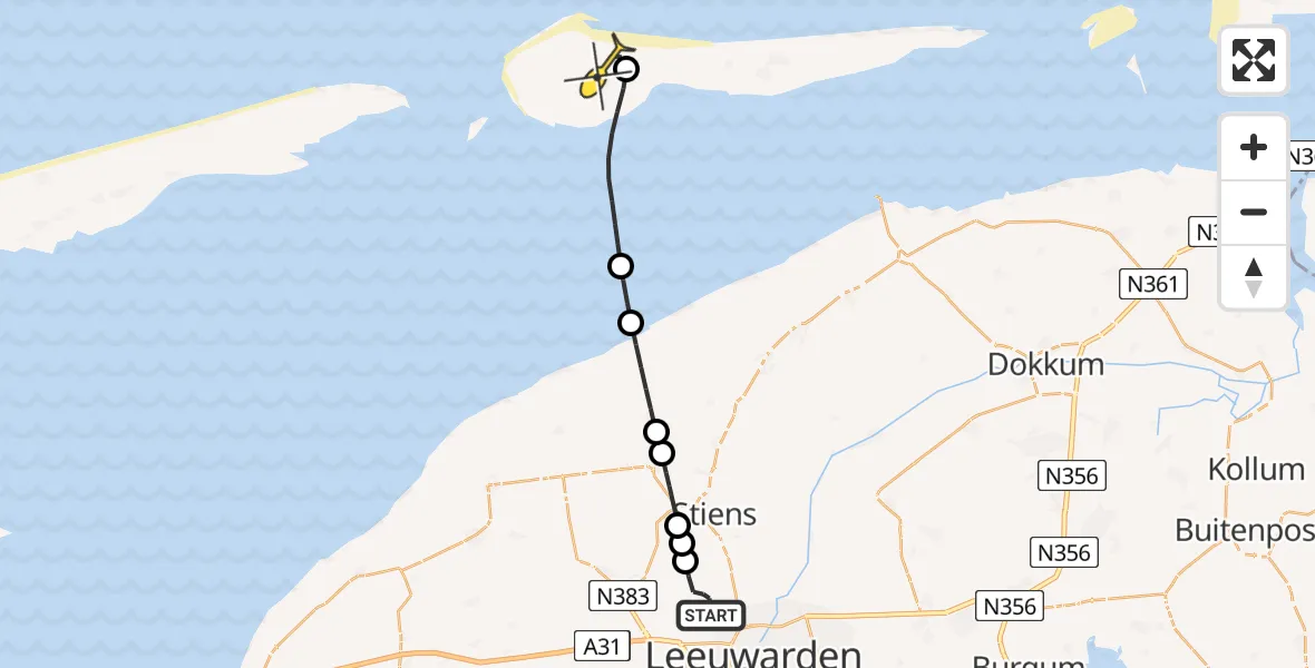 Routekaart van de vlucht: Ambulanceheli naar Ameland Airport Ballum, Strandweg