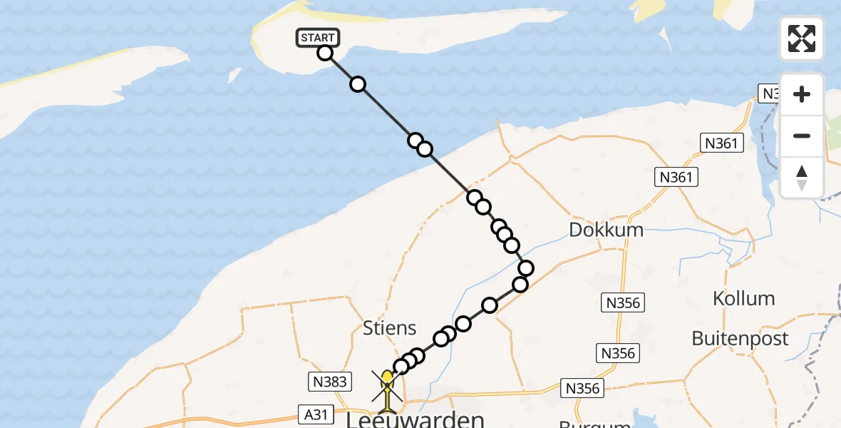 Routekaart van de vlucht: Ambulanceheli naar Vliegbasis Leeuwarden, Keegsdijkje