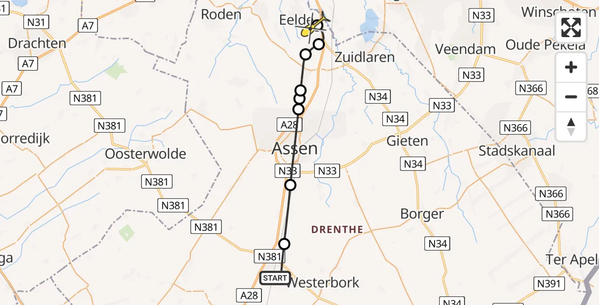 Routekaart van de vlucht: Lifeliner 4 naar Groningen Airport Eelde, Burgemeester J.G. Legroweg