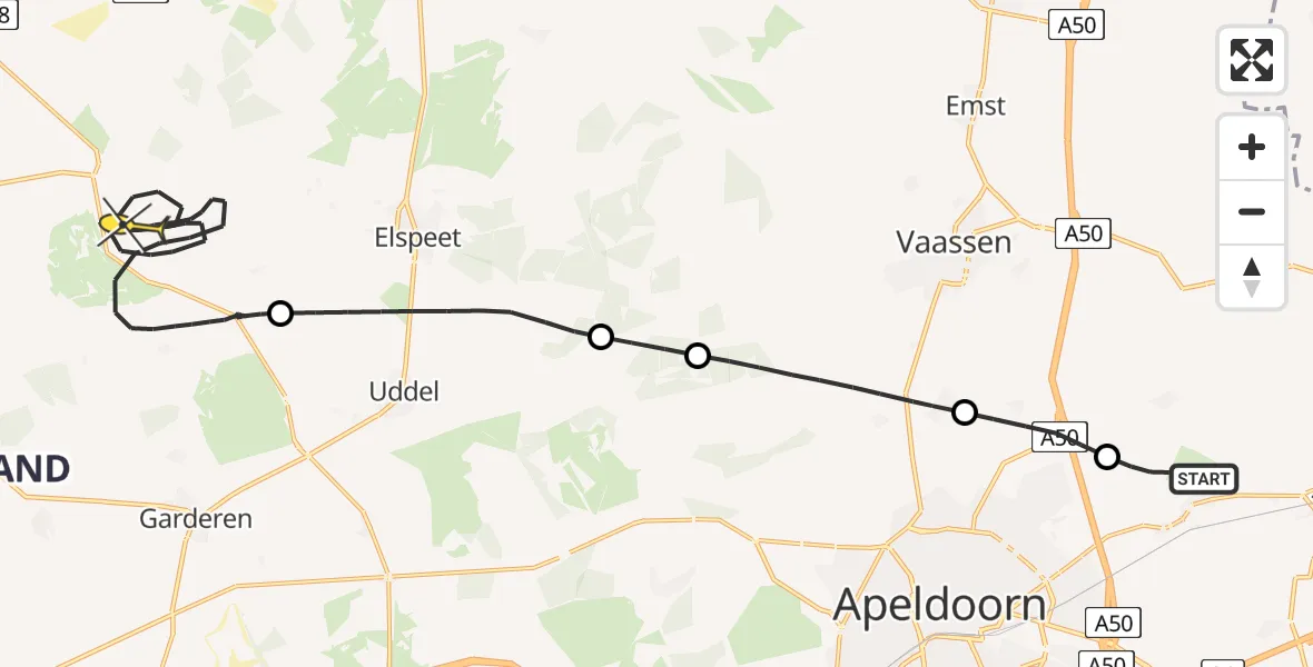 Routekaart van de vlucht: Politieheli naar Ermelo, Jhr. Dr. C.J. Sandbergweg