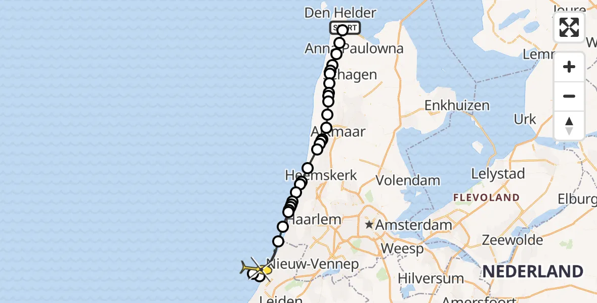 Routekaart van de vlucht: Kustwachthelikopter naar Middenvliet