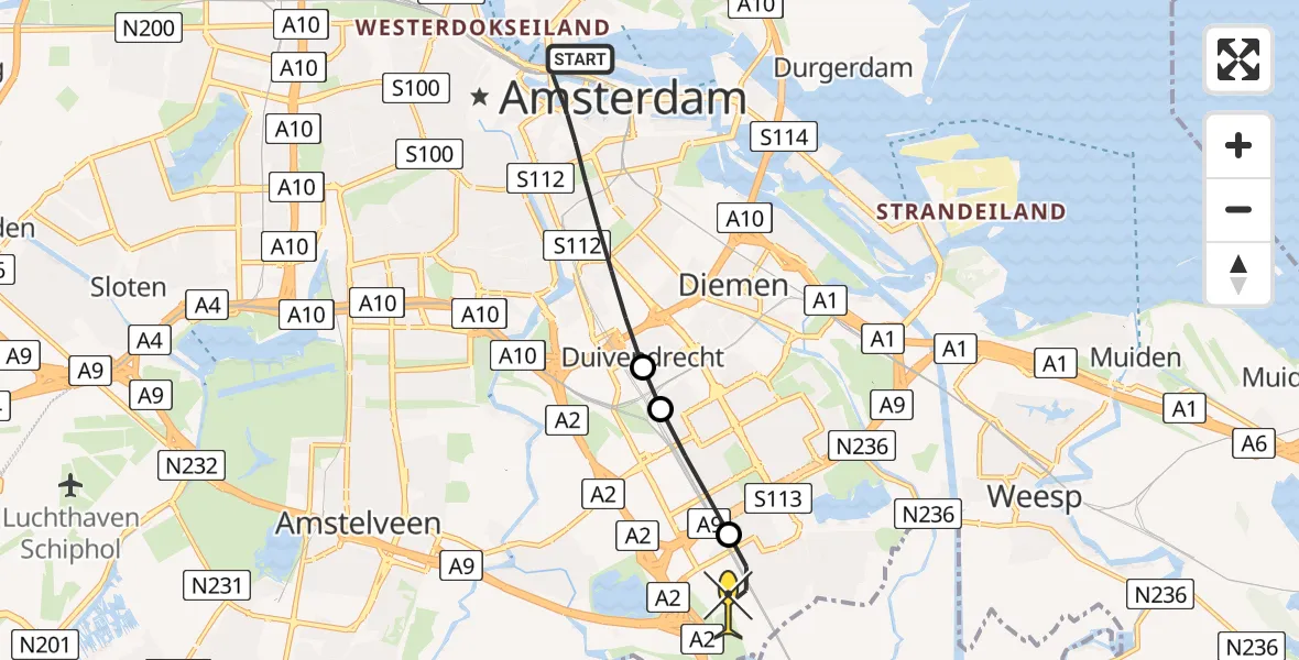 Routekaart van de vlucht: Lifeliner 1 naar Academisch Medisch Centrum (AMC), Helipad