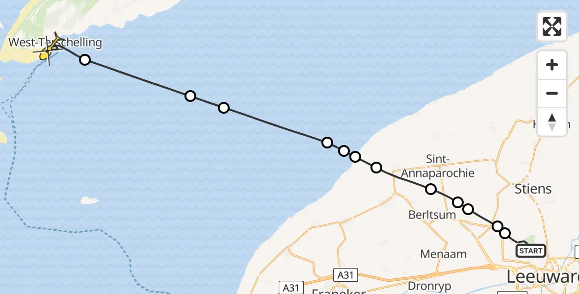 Routekaart van de vlucht: Ambulancehelikopter naar West-Terschelling, Groene Strand
