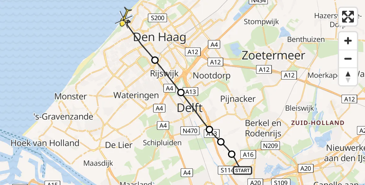 Routekaart van de vlucht: Lifeliner 2 naar Den Haag, Houtrustweg