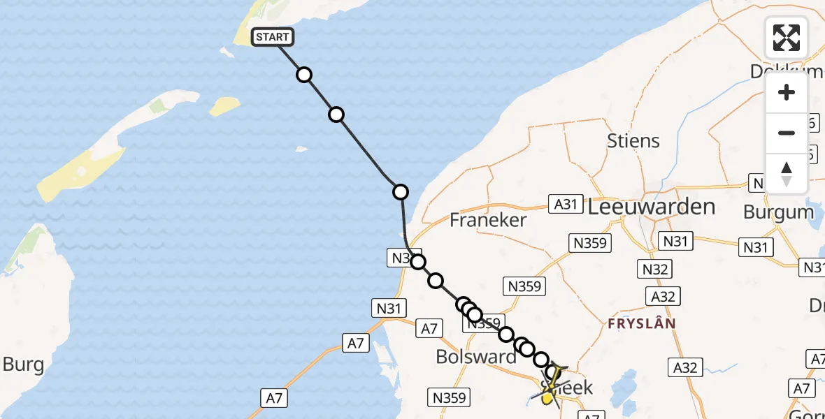 Routekaart van de vlucht: Ambulanceheli naar Sneek, Bolswarderbaan