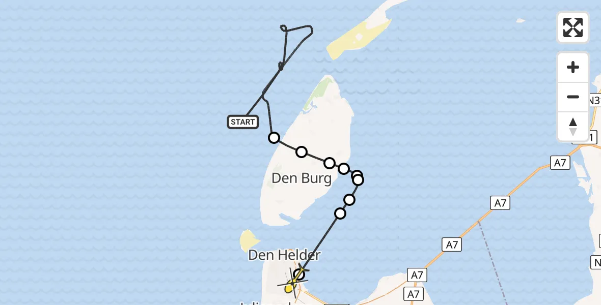 Routekaart van de vlucht: Kustwachthelikopter naar Vliegveld De Kooy, Rijksweg