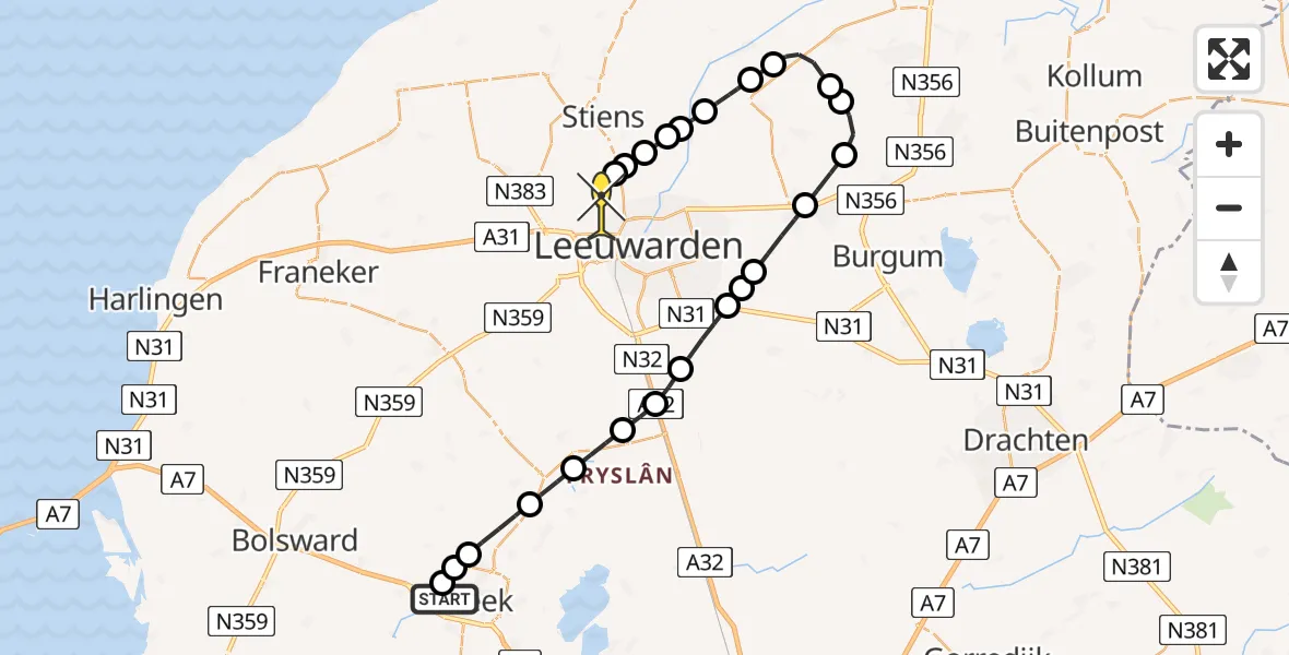 Routekaart van de vlucht: Ambulanceheli naar Vliegbasis Leeuwarden, Keegsdijkje