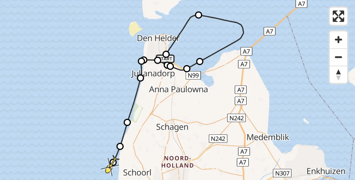 Routekaart van de vlucht: Kustwachthelikopter naar Strand van Callantsoog
