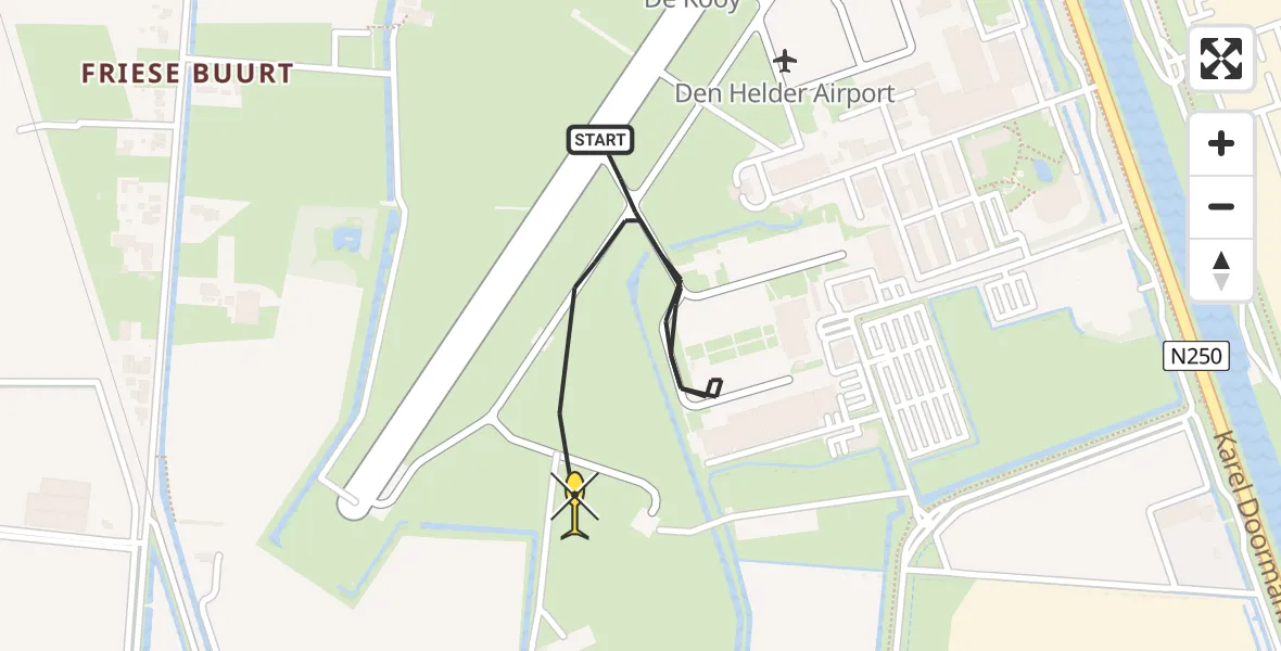 Routekaart van de vlucht: Kustwachthelikopter naar Vliegveld De Kooy, Rijksweg