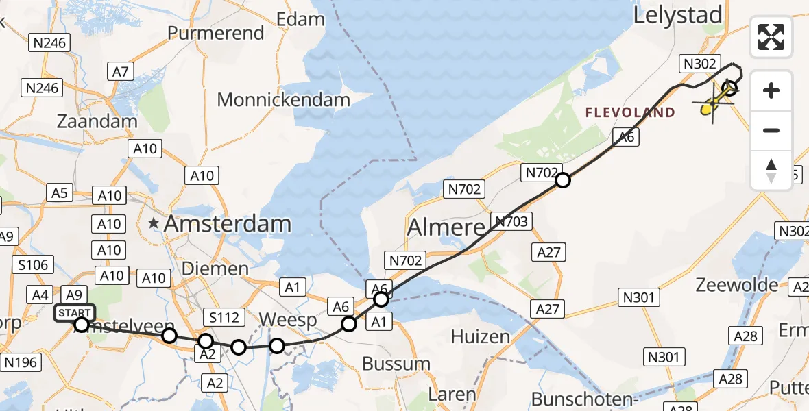 Routekaart van de vlucht: Politiehelikopter naar Lelystad Airport, Emoeweg