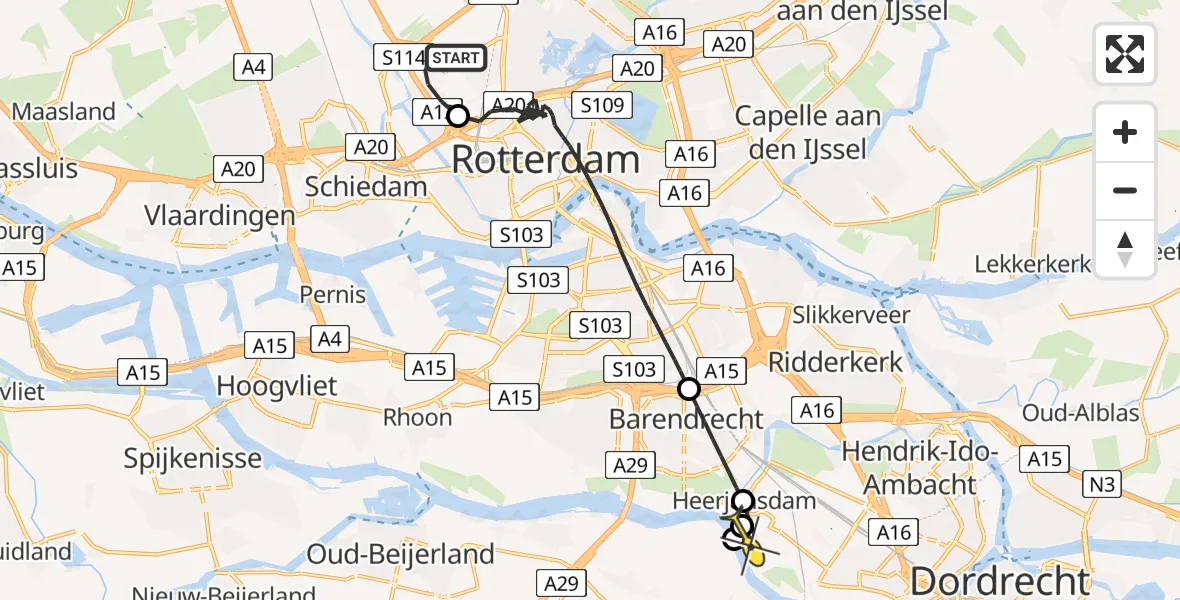 Routekaart van de vlucht: Politieheli naar Heerjansdam, Lindtsedijk