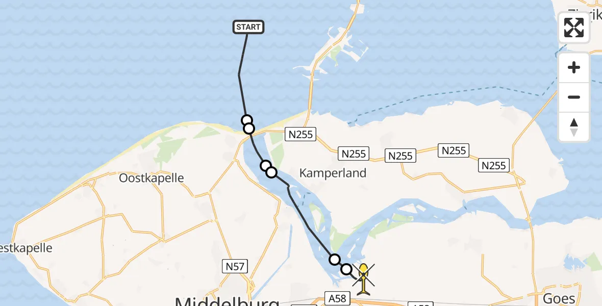 Routekaart van de vlucht: Kustwachthelikopter naar Vliegveld Midden-Zeeland, Calandweg