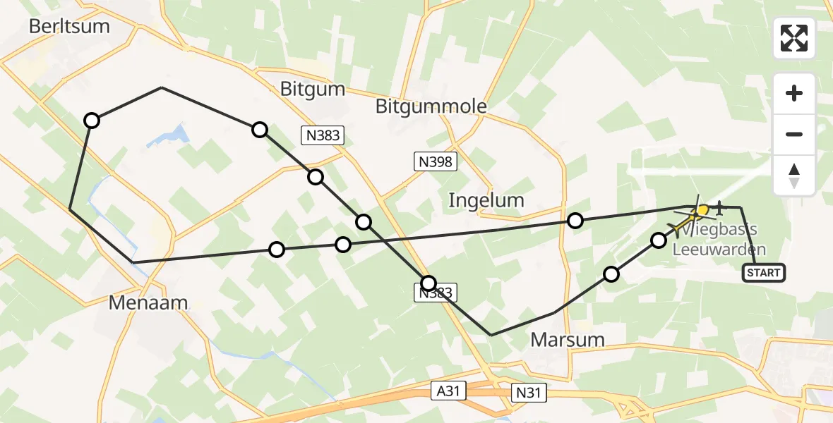 Routekaart van de vlucht: Ambulanceheli naar Vliegbasis Leeuwarden, Keegsdijkje