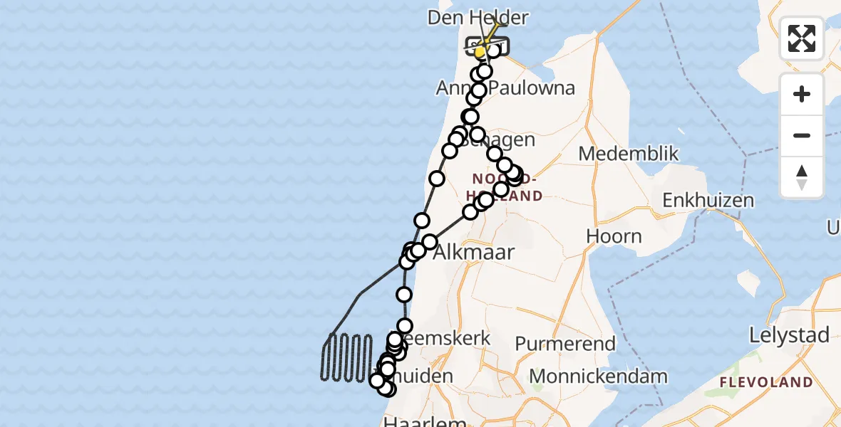 Vluchtroute Kustwachthelikopter van Vliegveld De Kooy naar Vliegveld De Kooy