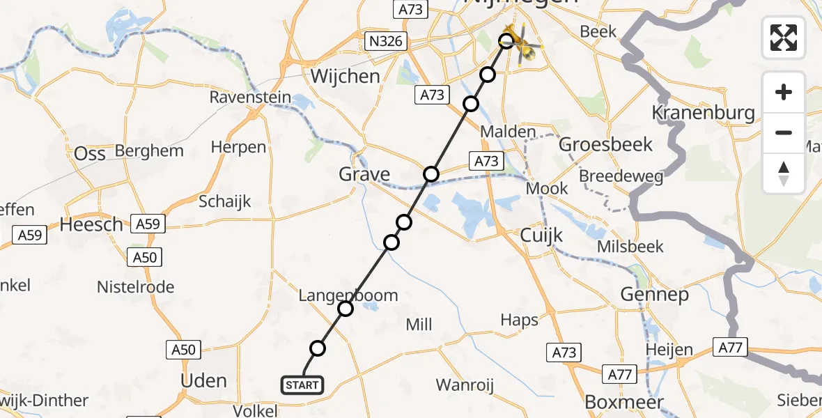 Vluchtroute Traumahelikopter Vliegbasis Volkel - Radboud Universitair Medisch Centrum, 12 december 2025, 11:04