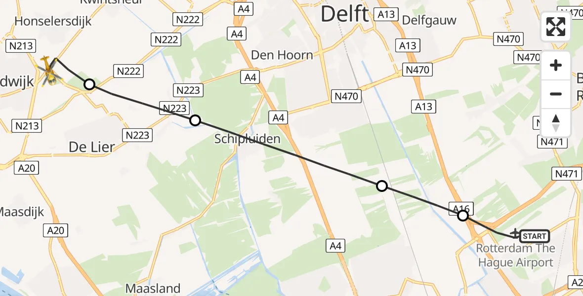 Vluchtroute Traumahelikopter Rotterdam The Hague Airport - Honselersdijk, 12 december 2025, 11:10