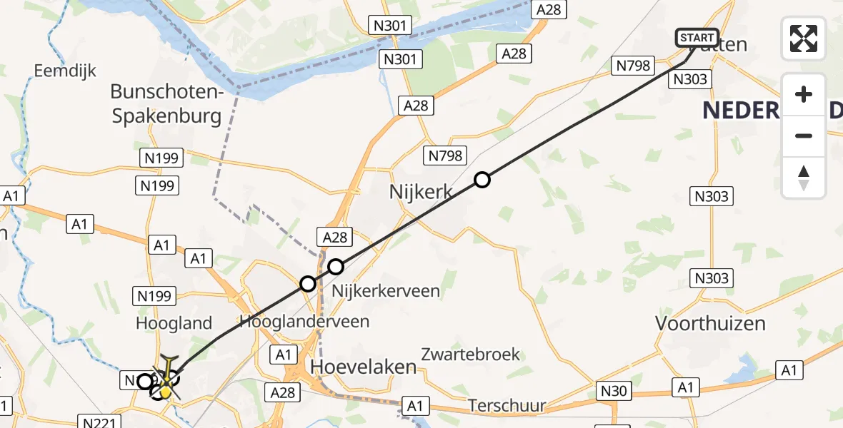 Routekaart van de vlucht: Lifeliner 1 naar Hoogland, Hamseweg