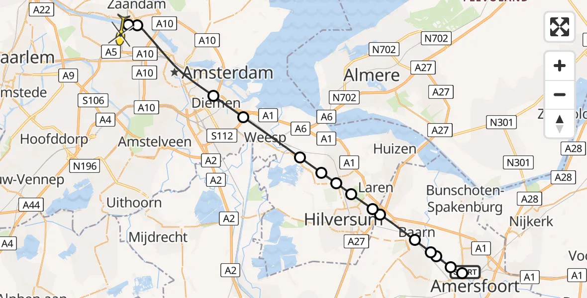 Routekaart van de vlucht: Lifeliner 1 naar Amsterdam Heliport, Capriweg