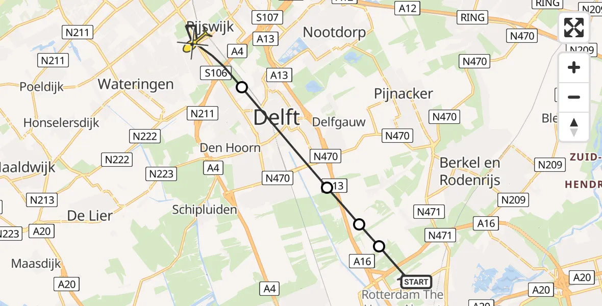 Routekaart van de vlucht: Lifeliner 2 naar Rijswijk, Prinses Beatrixlaan