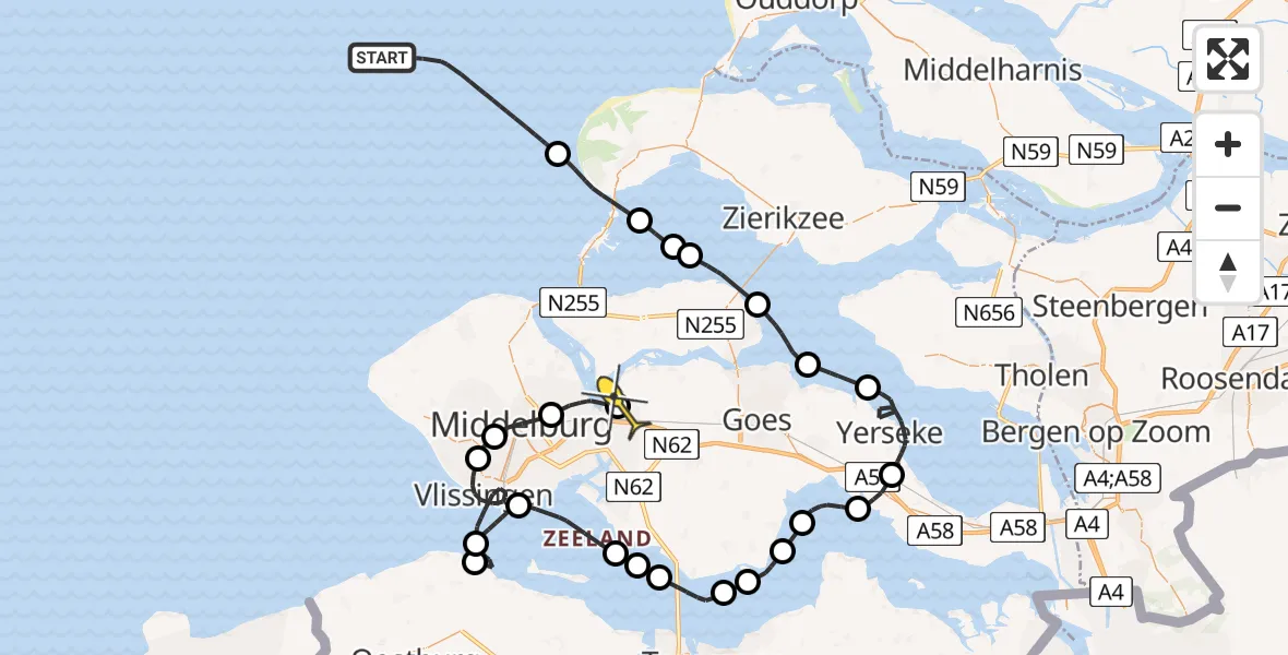 Routekaart van de vlucht: Politieheli naar Vliegveld Midden-Zeeland, Calandweg