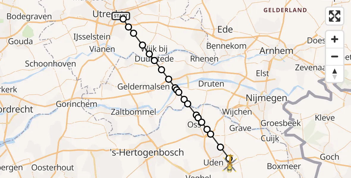 Vluchtroute Traumahelikopter Universitair Medisch Centrum Utrecht - Vliegbasis Volkel, 12 december 2025, 15:24