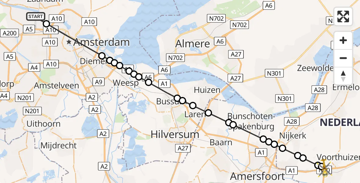 Vluchtroute Traumahelikopter Amsterdam Heliport - Voorthuizen, 12 december 2025, 15:31