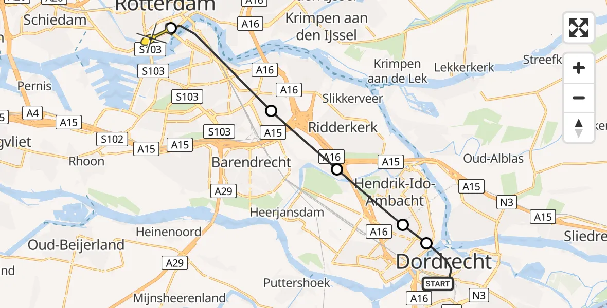 Routekaart van de vlucht: Lifeliner 2 naar Erasmus MC, Westzeedijk