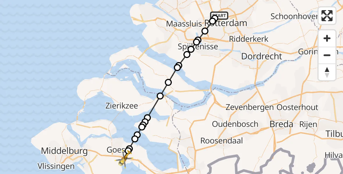 Vluchtroute Traumahelikopter Rotterdam The Hague Airport - Kapelle, 12 december 2025, 22:03
