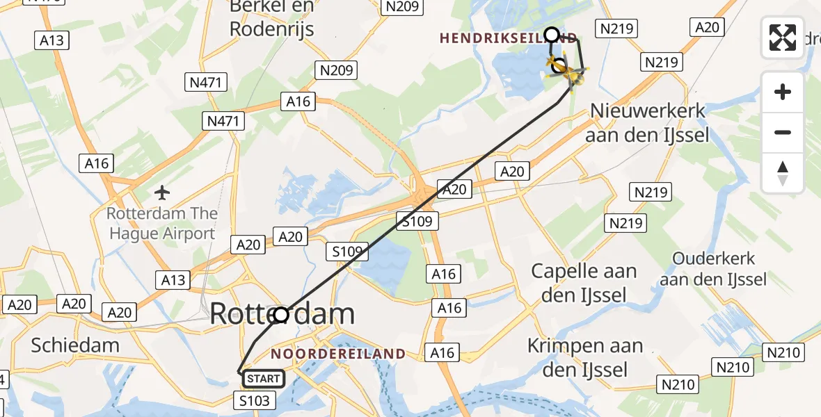 Vluchtroute Traumahelikopter Erasmus MC - Rotterdam, 12 december 2025, 23:28