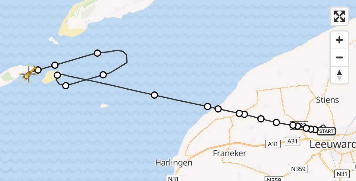 Vluchtroute Ambulancehelikopter Vliegbasis Leeuwarden - Vlieland Heliport, 12 december 2025, 23:58