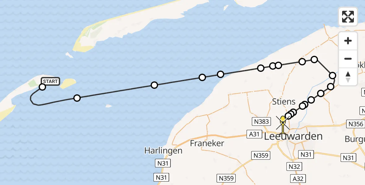 Routekaart van de vlucht: Ambulanceheli naar Vliegbasis Leeuwarden, Keegsdijkje