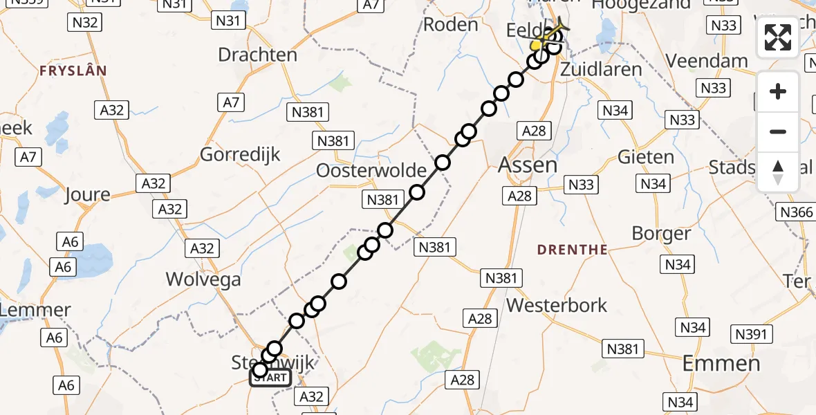 Routekaart van de vlucht: Lifeliner 4 naar Groningen Airport Eelde, Burgemeester J.G. Legroweg