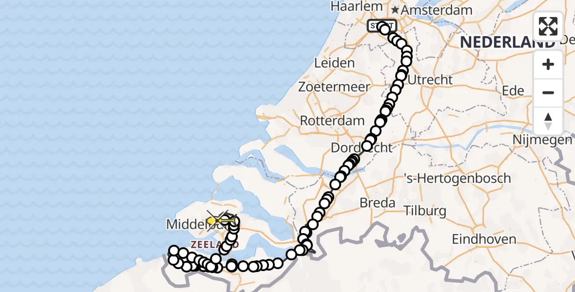 Routekaart van de vlucht: Politieheli naar Vliegveld Midden-Zeeland, Pietweg