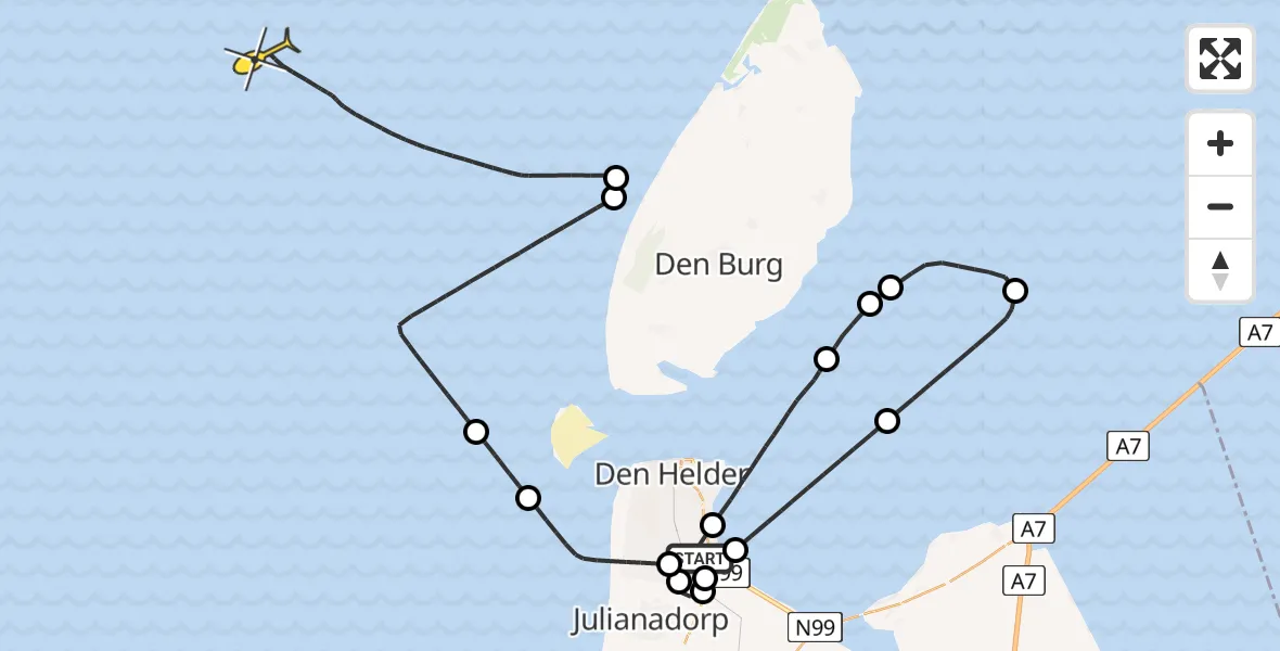 Routekaart van de vlucht: Kustwachthelikopter naar Rijksweg
