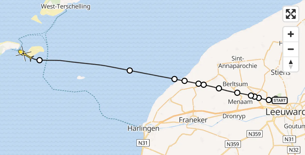 Routekaart van de vlucht: Ambulanceheli naar Vlieland, Keegsdijkje