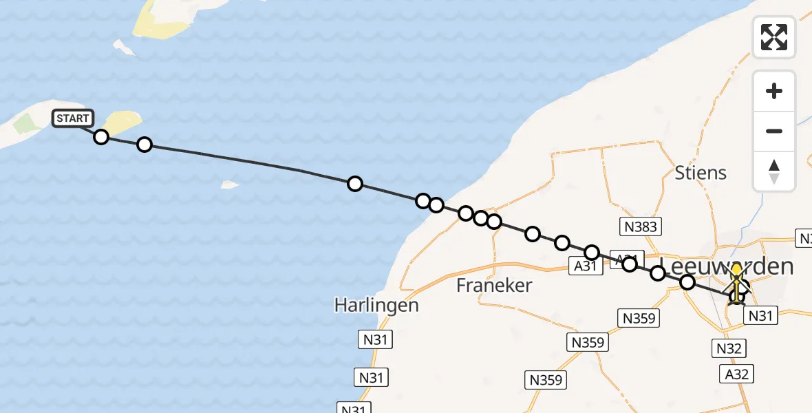 Routekaart van de vlucht: Ambulanceheli naar Leeuwarden, Aldlânsdyk