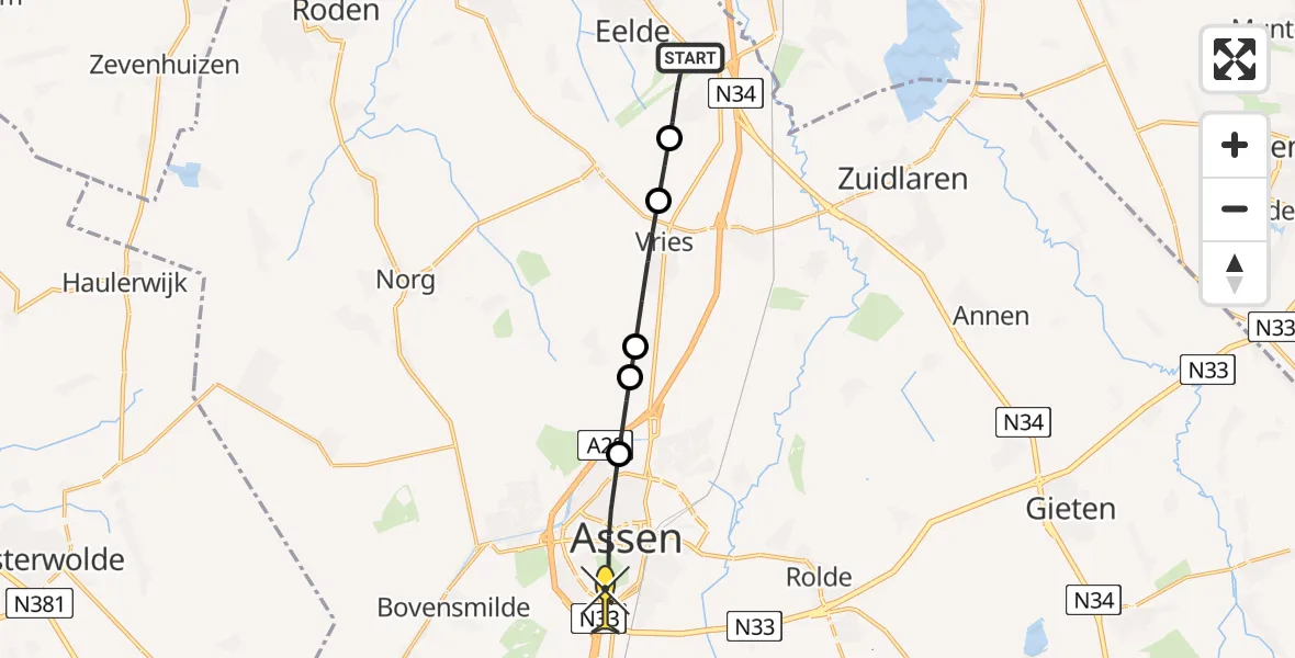 Routekaart van de vlucht: Lifeliner 4 naar Assen, Europaweg-Zuid
