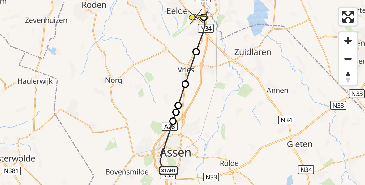 Routekaart van de vlucht: Lifeliner 4 naar Eelde, Burgemeester J.G. Legroweg