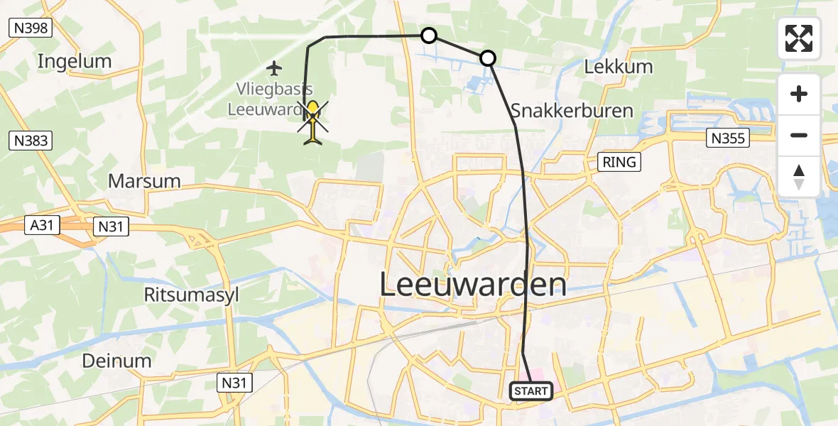 Routekaart van de vlucht: Ambulancehelikopter naar Vliegbasis Leeuwarden, Keegsdijkje