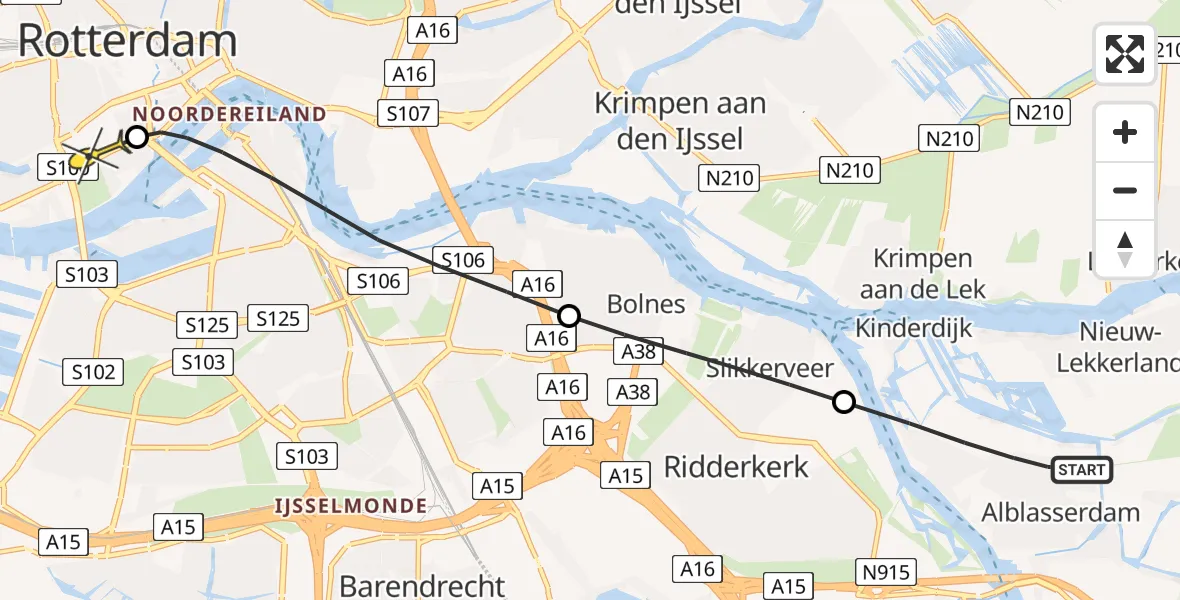 Routekaart van de vlucht: Lifeliner 2 naar Erasmus MC, Westzeedijk